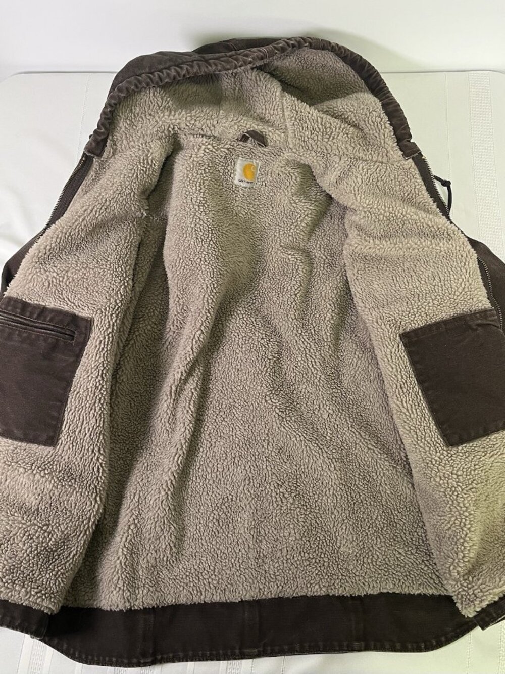 Vintage Carhartt Sherpa Lined Hooded Duck Canvas Work Jacket Brown Women’s Small - Picture 8 of 8